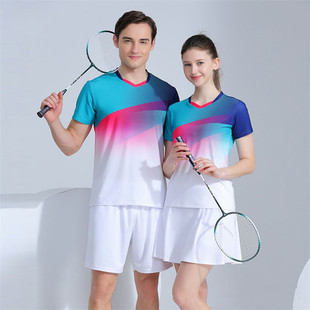 2024新款羽毛球服上衣速干男女V领短袖T恤网球运动排球乒乓球衣裤