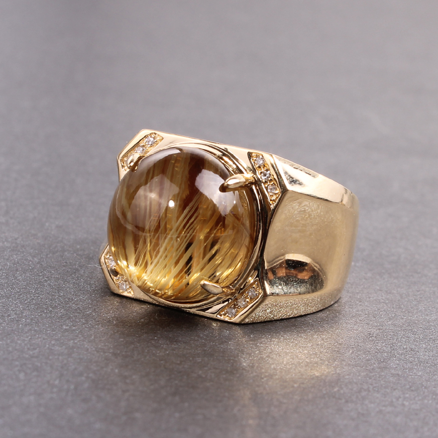 猫眼效应极好的钛晶18k金配钻石男戒