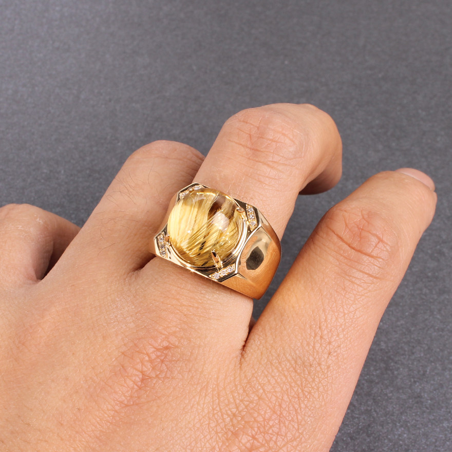 猫眼效应极好的钛晶18k金配钻石男戒 珠宝戒指