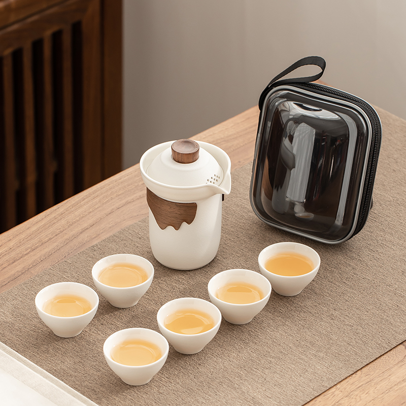 陶瓷旅行茶具小套装便携式户外露营快客杯一壶六杯泡茶壶喝茶装备