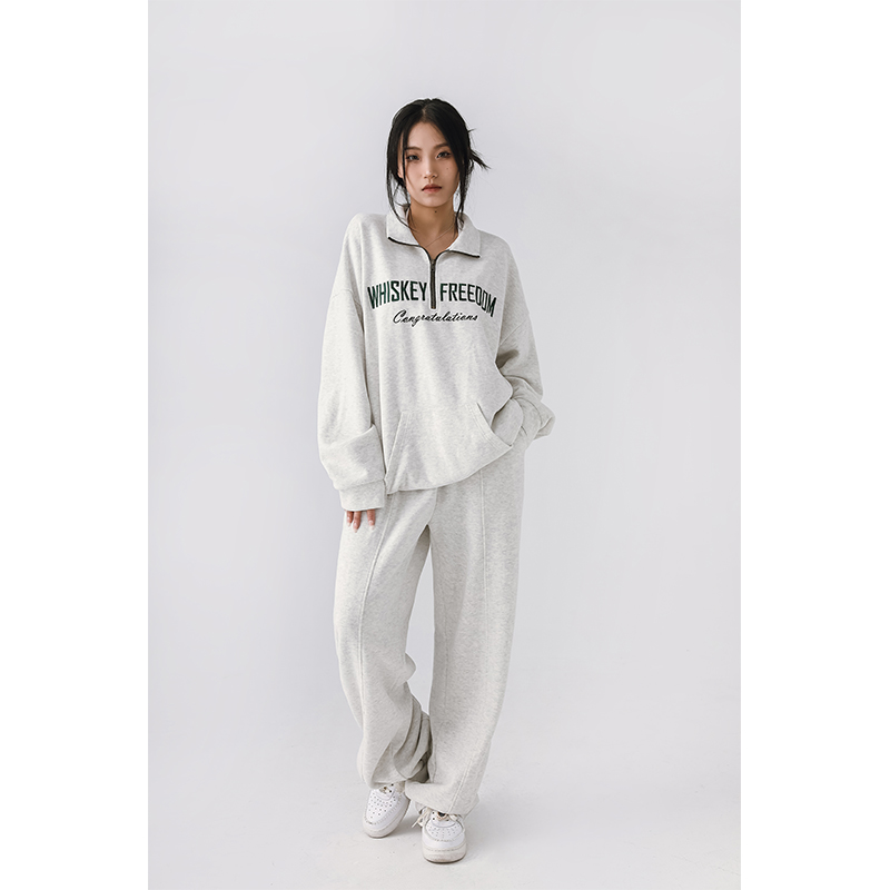 alleys美式复古灰色宽松卫衣男女立领ins风潮半拉链长袖情侣上衣