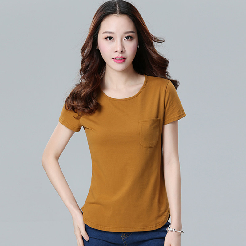 热销t桖女短袖修身 简约_夏季纯色简约短袖t恤女纯棉修身半袖t桖上衣