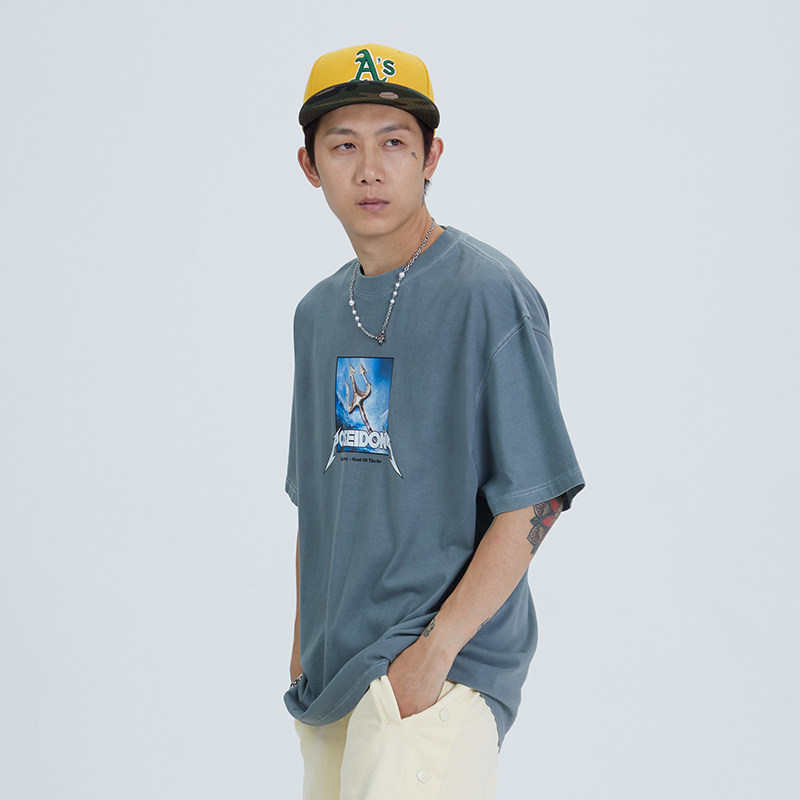 fatecarol 海魂系列 海王三叉戟印花 水洗灰 潮流宽松情侣纯棉t恤