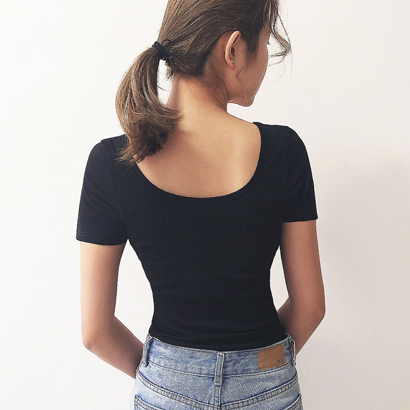 黑色露背短袖t恤女学生舞蹈服装修身显瘦双u领低领口纯棉上衣夏季