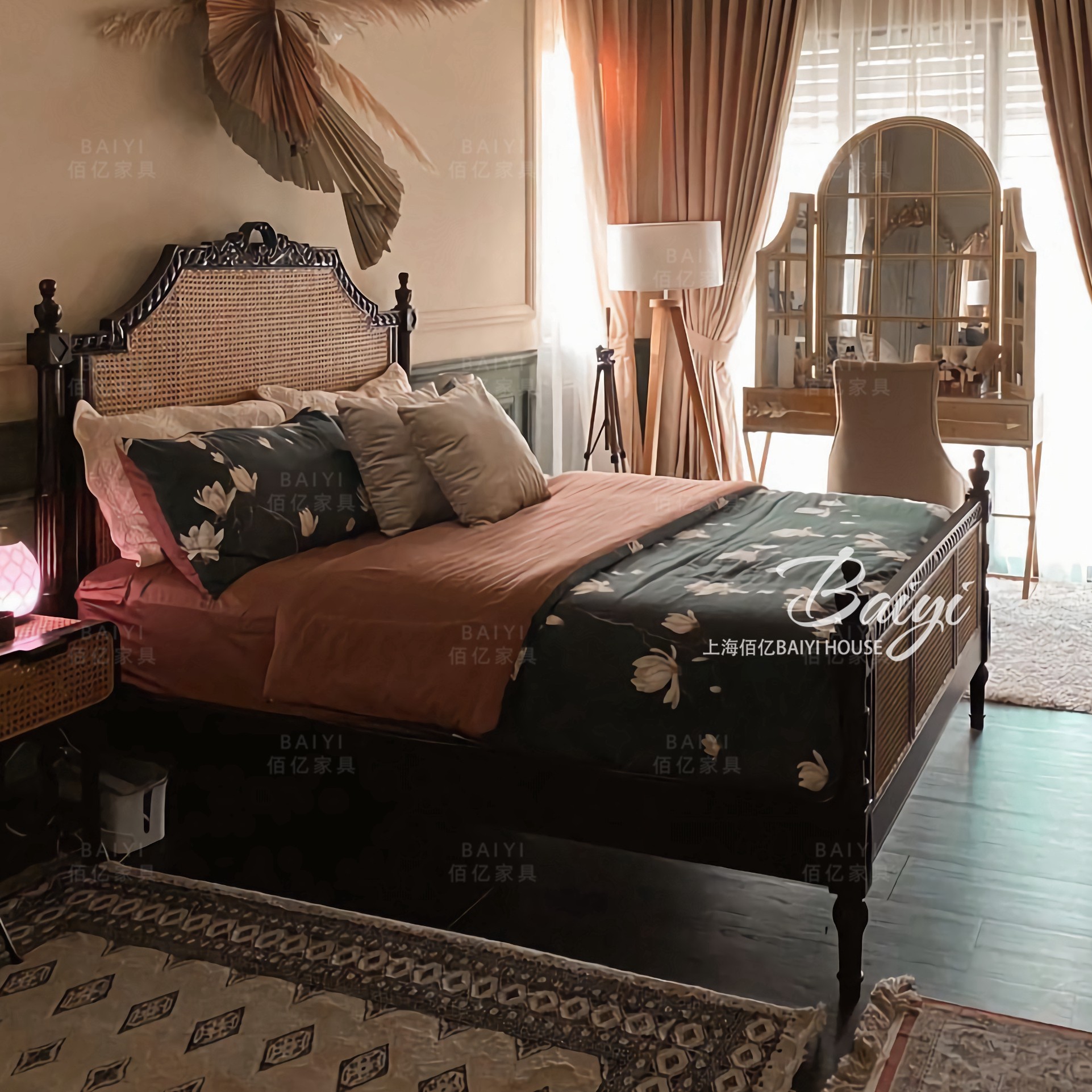 8米欧式雕刻双人床高端别墅藤编美式婚床