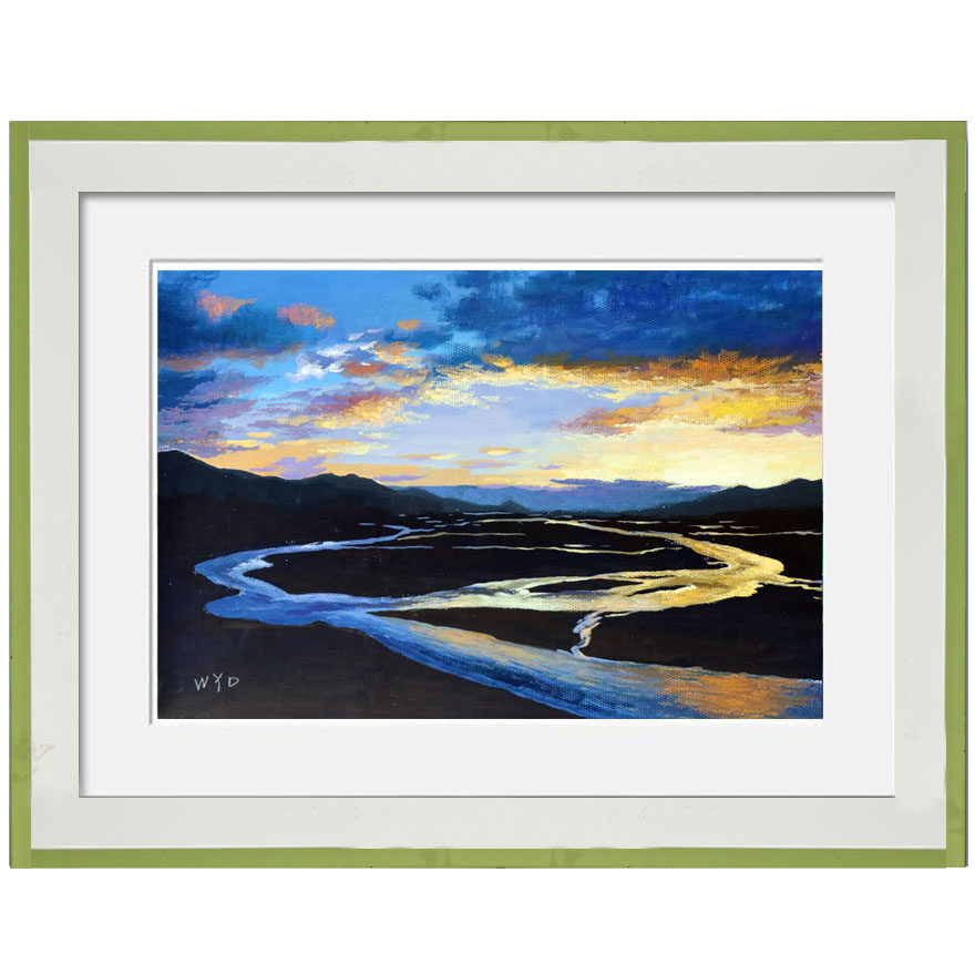 王有东《晚霞下的河流》 原创纸本水粉作品