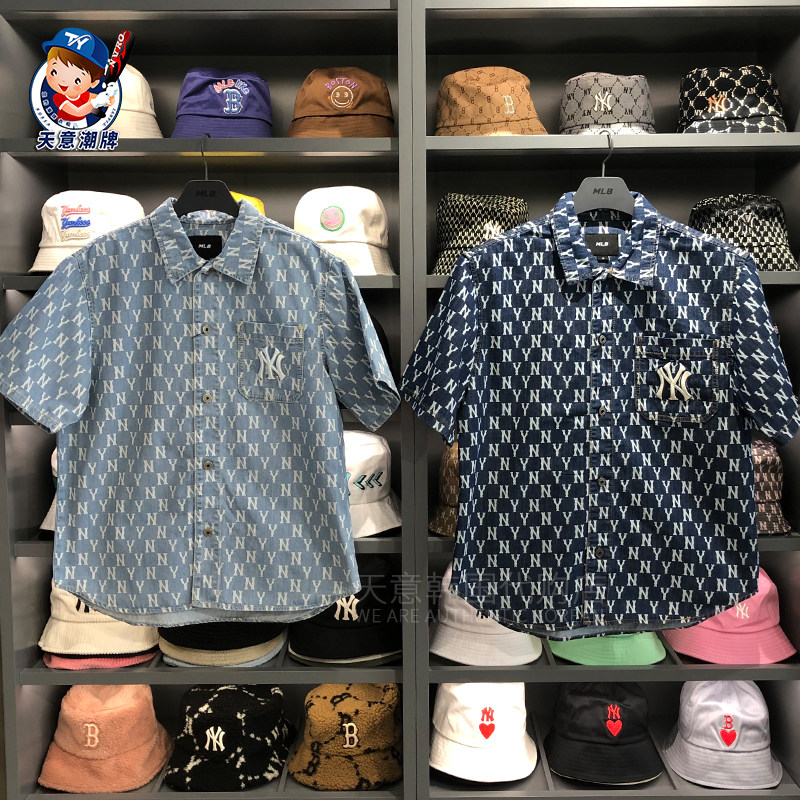 韩国mlb专柜正品2022新款上衣ny满标老花牛仔衬衫休闲短袖外套潮