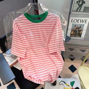 GG。maje dvawn高级粉色条纹短袖T恤女2024夏季新款独特别致小众