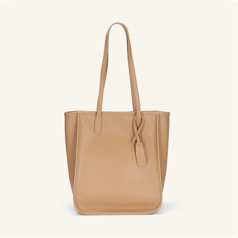 软牛皮纯杏色双面托特包简单全真皮竖款大容量方包单肩腋下购物袋