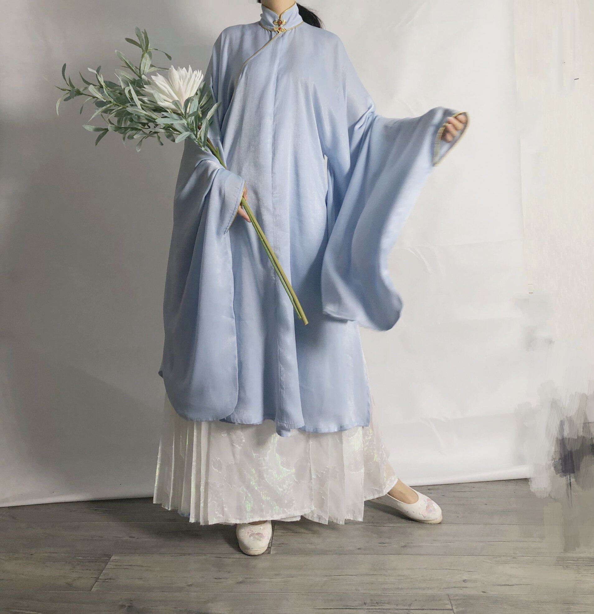 山前雨 现货掉落广寒 原创纯色小清新明制立领长衫藕色推荐大码