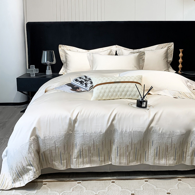 轻奢140支匹马棉四件套全棉纯色刺绣被套纯棉现代简约风床上用品床品