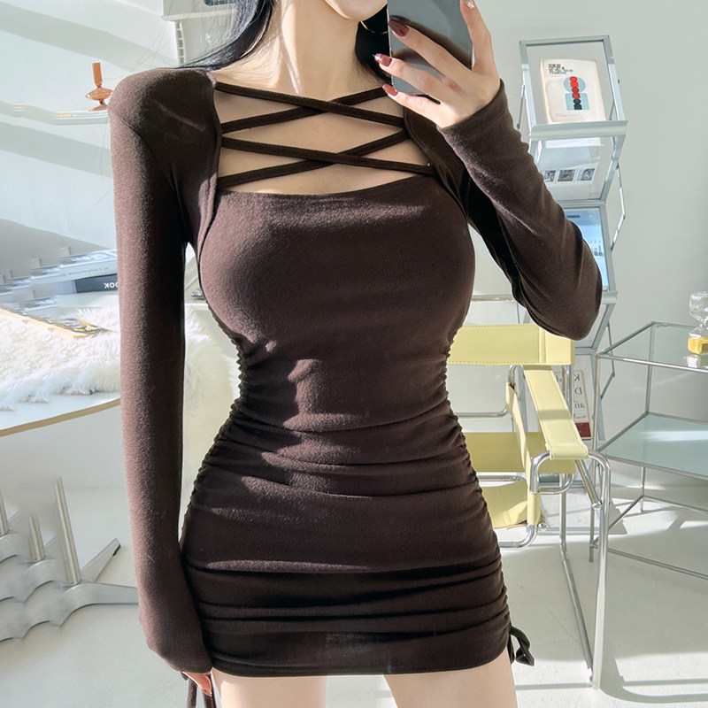h家欧美女装 ins风交叉系带抽绳褶皱包臀裙性感蹦迪坎肩连衣裙潮