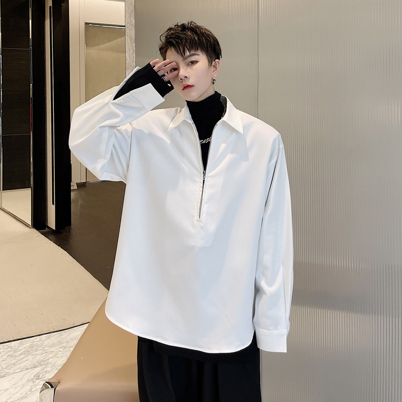 春季气质简约翻领套头拉链长袖衬衫男轻奢韩版高级感衬衣发型师潮
