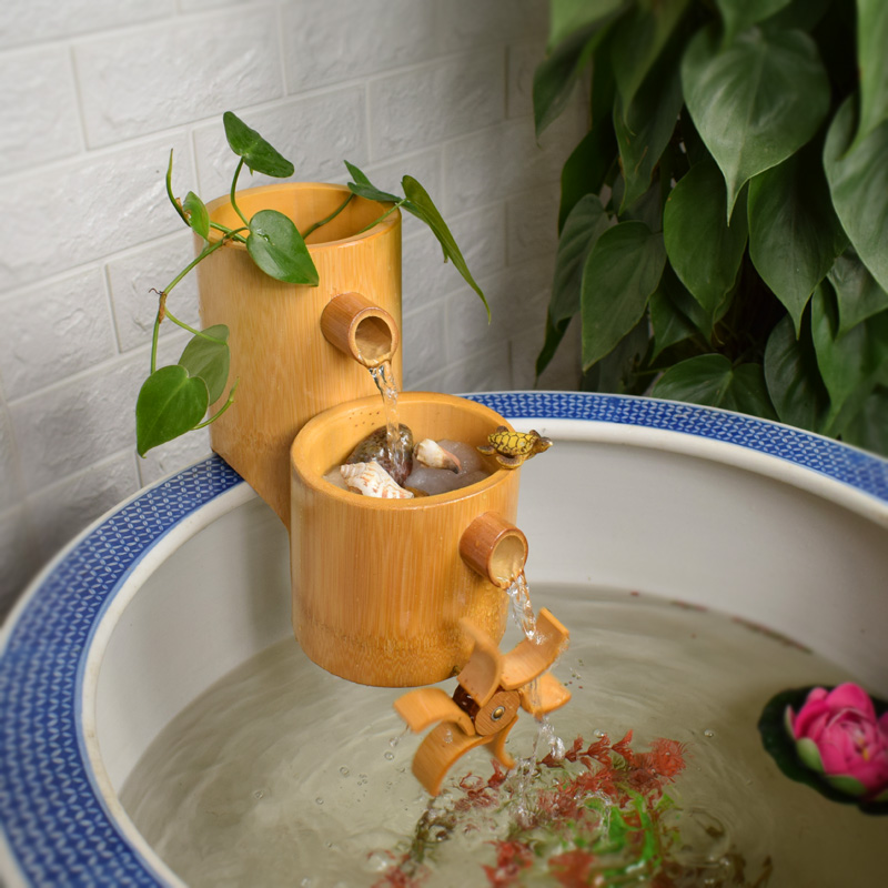 陶瓷鱼缸装饰壁挂瀑布式过滤器造景循环水增氧三合一竹子流水摆件
