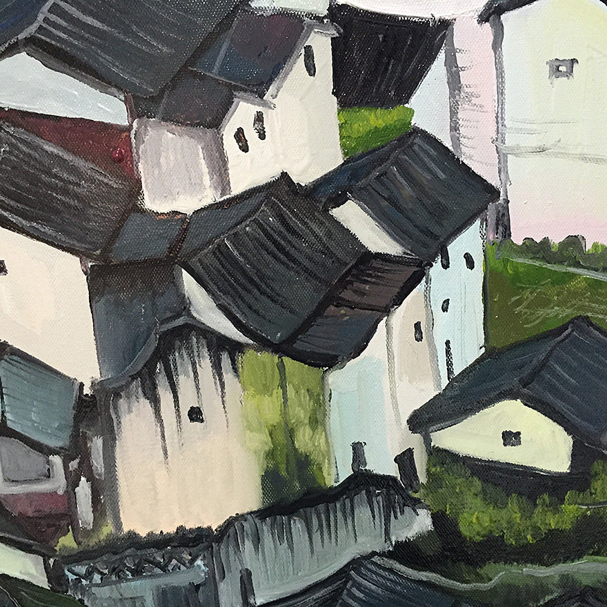 罗伟《古村》布面油画