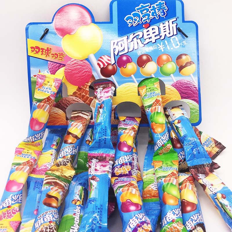 包邮 阿尔卑斯双响棒棒糖 双享棒挂板可爱48根装巧克力水果味混搭