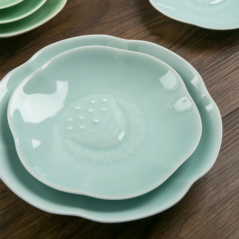 典克龙泉纯色青瓷平盘家用餐厅菜盘摆盘套装陶瓷圆形盘子凉菜碟子