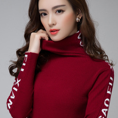 2016秋冬新款韩版修身女士长袖羊毛衫字母套头保暖黑色高领打底衫