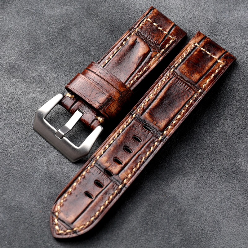 手工ray风竹节纹牛皮表带20 22 24 26mm咖色柔软适配沛纳海帝陀男