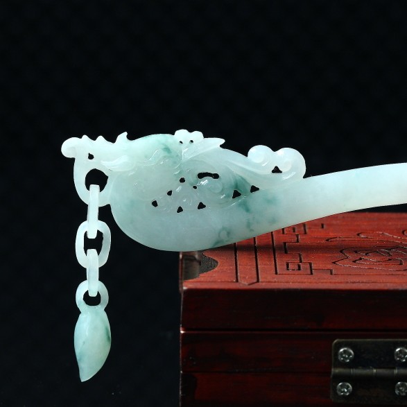 老坑冰糯种精雕翡翠凤簪 重30.65g