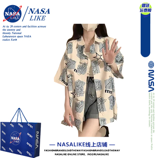 NASA盐系可爱小熊短袖衬衫男女别致夏天宽松百搭减龄休闲情侣衬衣