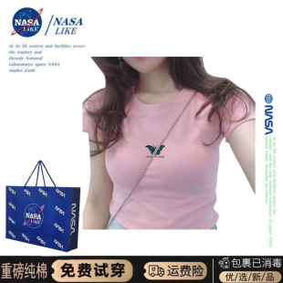 NASA~夏天蝴蝶短袖t恤女修身修身百搭纯棉粉色小众ins短款上衣潮