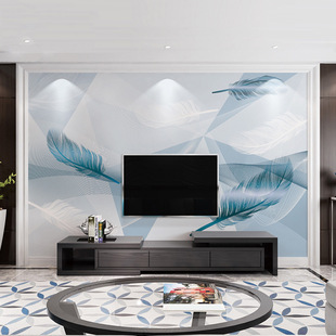电视背景墙壁纸北欧2022家装客厅影视墙布蓝色羽毛壁布8d沙发墙纸