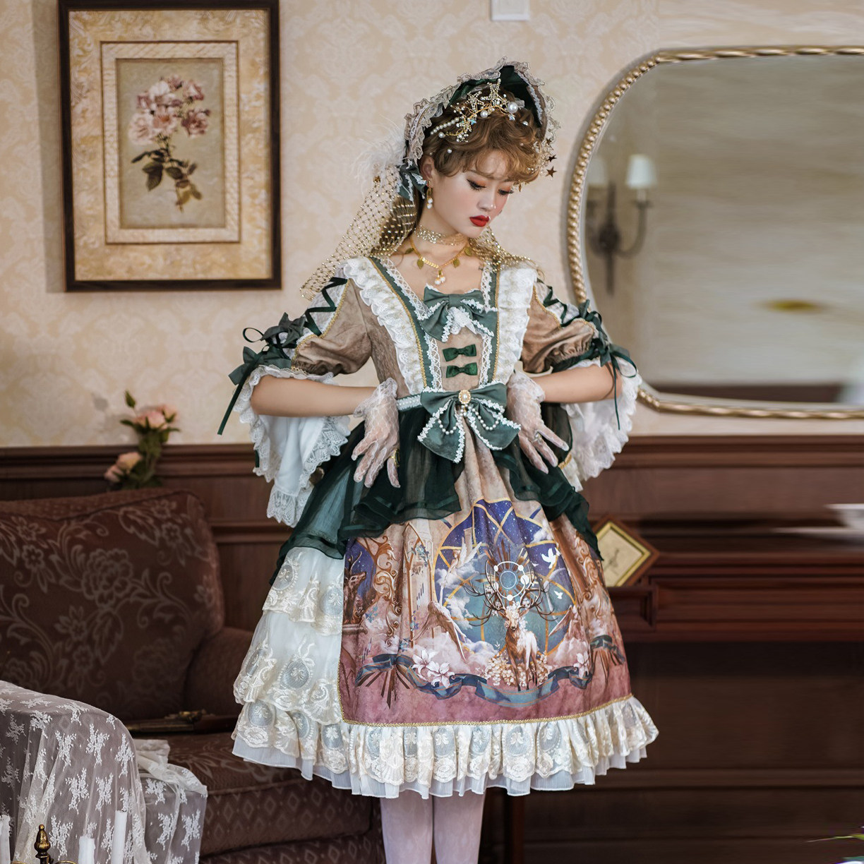 原创设计鹿神颂歌洛丽塔op连衣裙欧式宫廷复古重工华丽lolita中袖