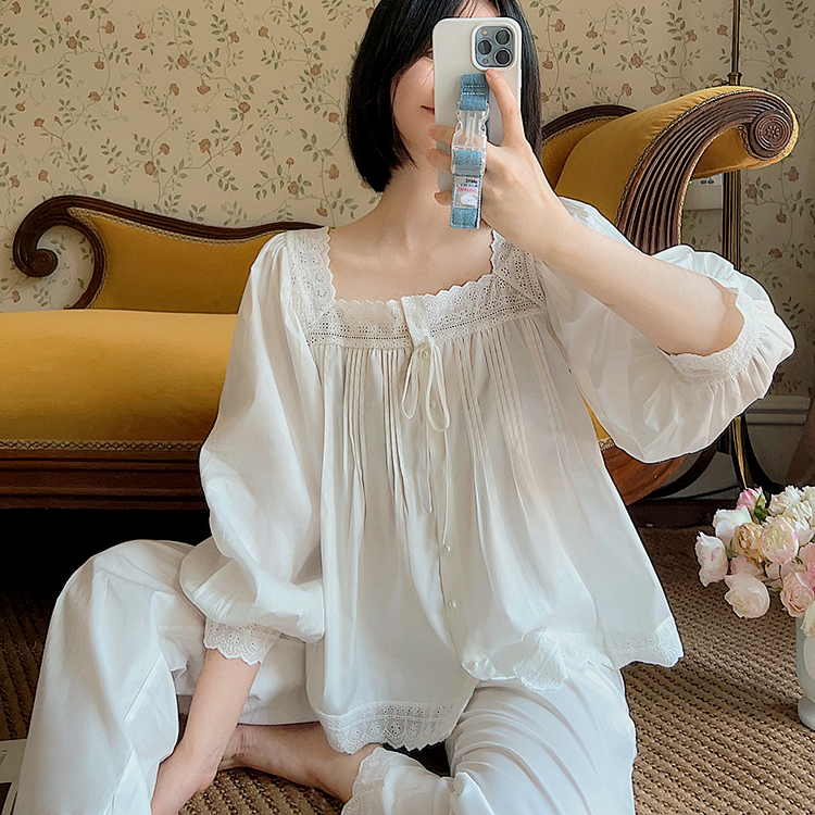 复古宫廷风夏法式纯棉睡衣女白色长袖