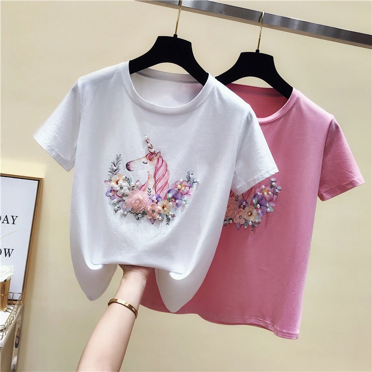 2019夏装新款时尚宽松韩版钉珠独角兽短袖T恤女很仙的上衣洋气在类目 女装/女士精品, T恤中 - 来自Buy2taobao.com提供专业的淘宝代购服务