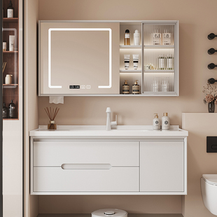 橡木烤漆奶油风陶瓷一体智能浴室柜组合卫生间洗漱洗手盆洗脸盆柜