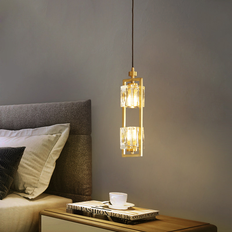 后现代轻奢卧室床头吊灯水晶全铜北欧简约单头吧台餐厅长线小吊灯