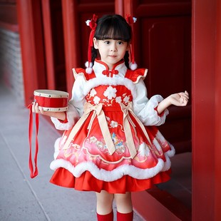 2024冬季新款中国风女童拜年汉服加厚女童背带裙加绒新年连衣裙