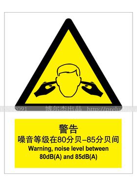 a0112博尔杰安全警示标识牌提示警告噪音等级在80分贝-85分贝之间