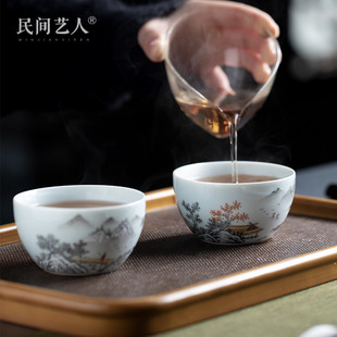 墨彩雪景主人杯 景德镇陶瓷手绘粉彩功夫茶具茶杯单杯单个 小茶碗