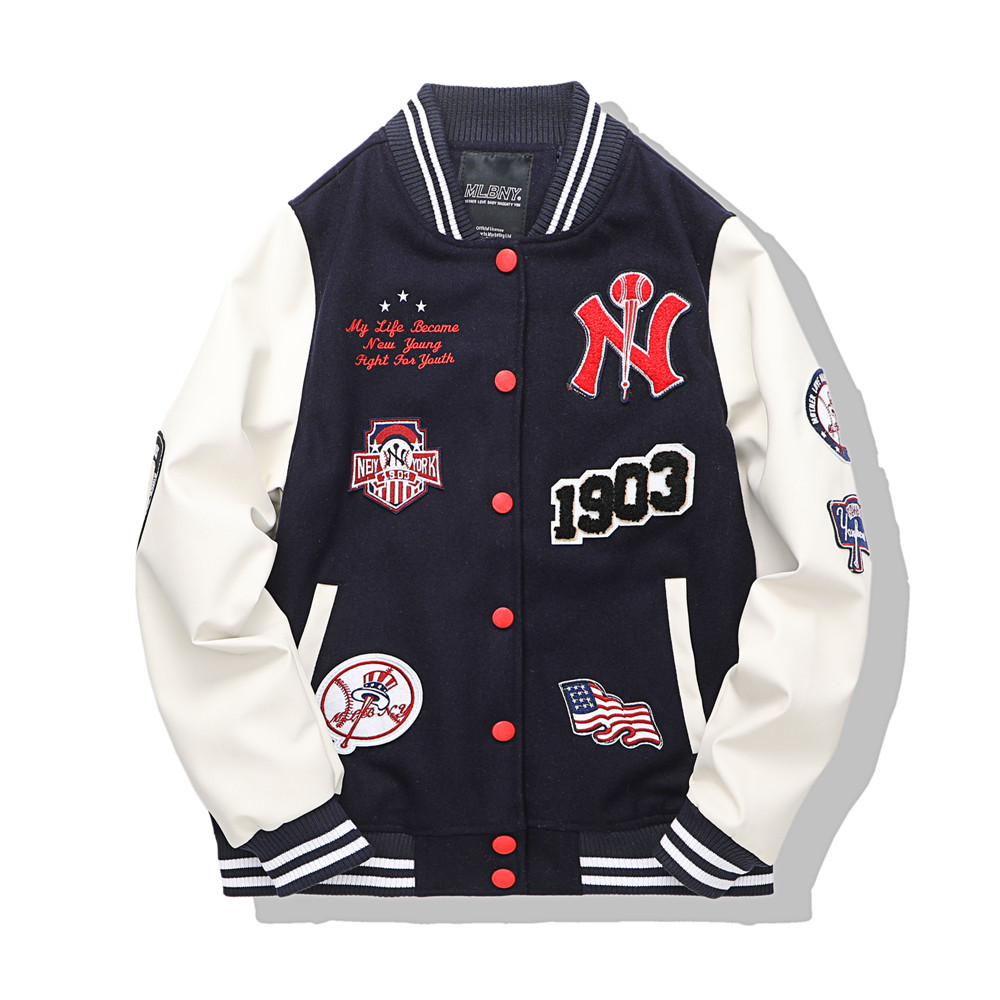 mlbny正品韩国刺绣棒球服女春秋情侣学院风休闲毛呢短外套男潮牌