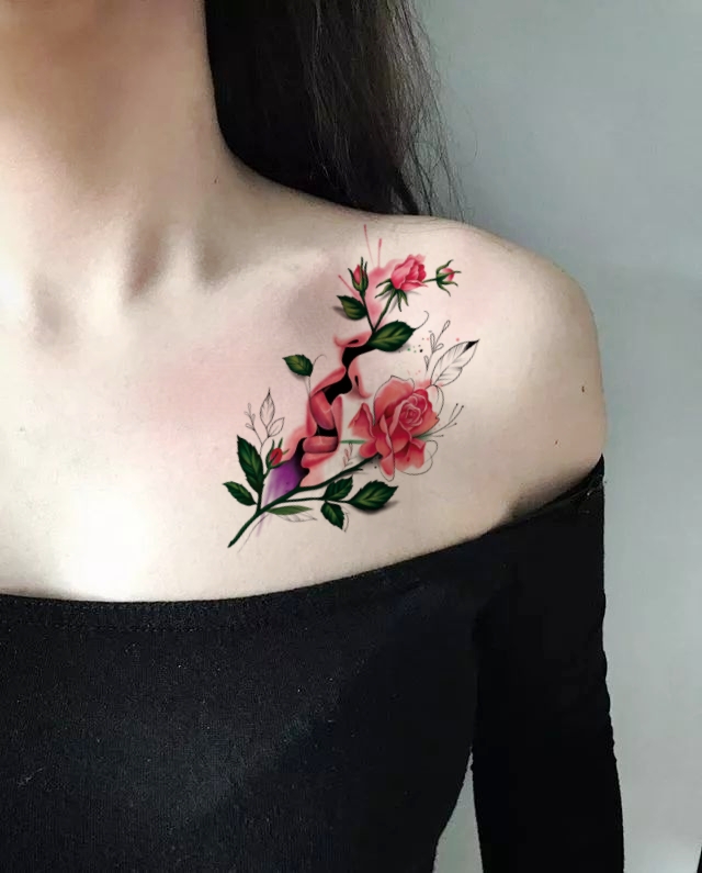 新款手绘真爱之吻花朵纹身贴防水女持久性感锁骨手臂刺青文身贴纸