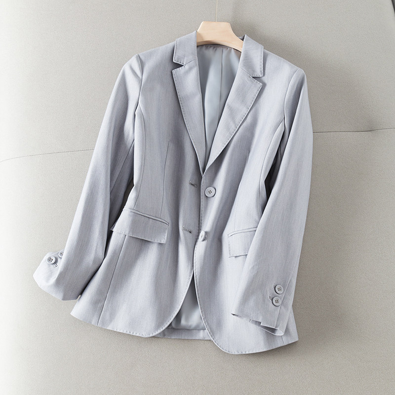 吸烟装 女 西装套装_日系通勤 春装新品气质雅灰色干练修身中长外套