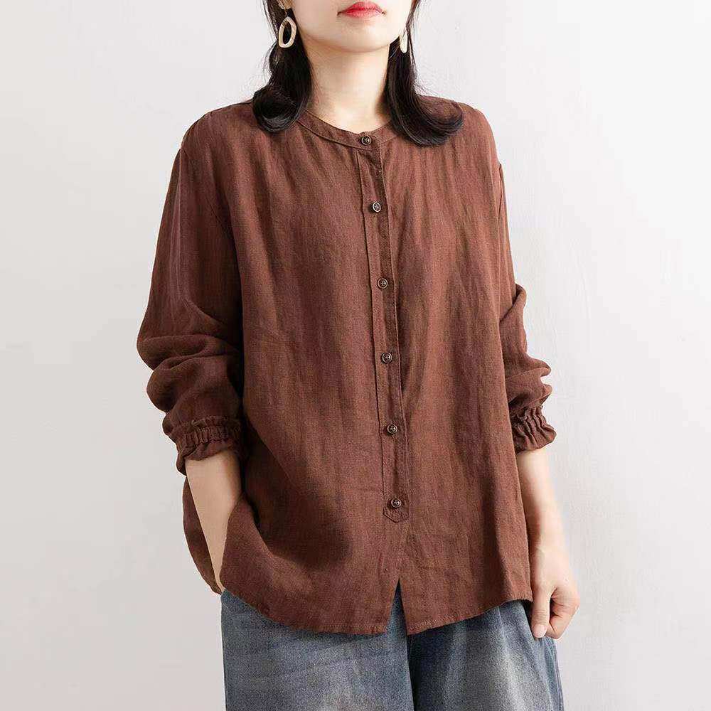 秋季文艺大码长袖亚麻上衣