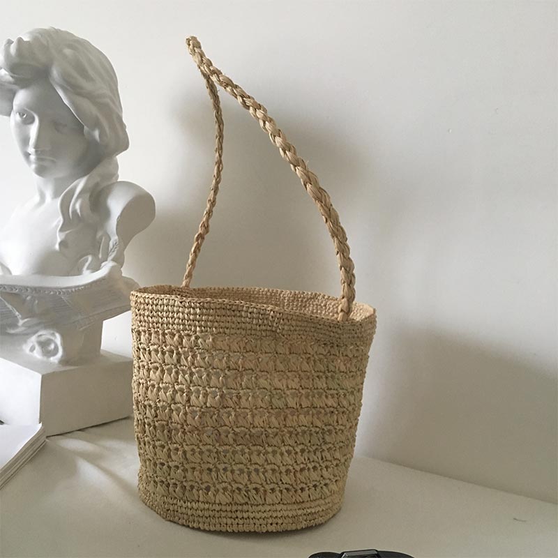 网红新款ins手工拉菲草编织女水桶包手提菜篮子度假法式编织包包