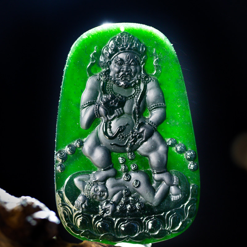 源头好货-四会 朱顺青作品《大黑天菩萨》墨翠翡翠挂件 78.8g