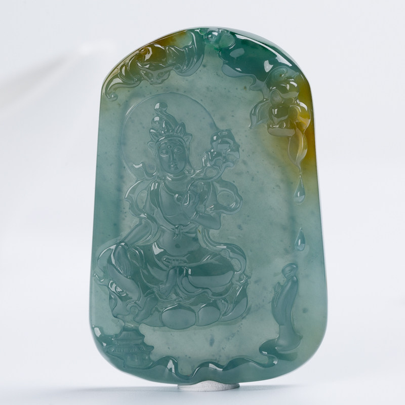 源头好货-四会宝协《度母》蓝水天然翡翠a货吊坠 51.48g