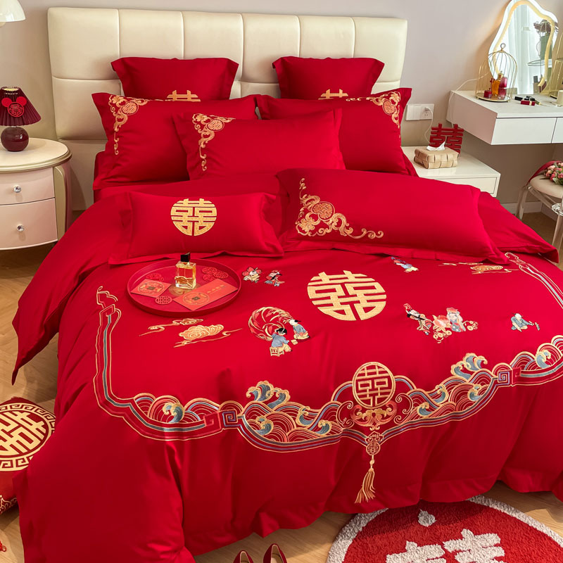 中式高档大红色龙凤婚庆四件套纯棉全棉被套结婚陪嫁送礼床上用品