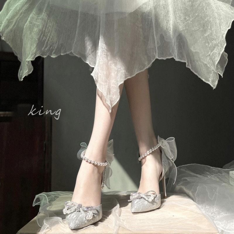 婚鞋新娘鞋法式银色高跟鞋2023年