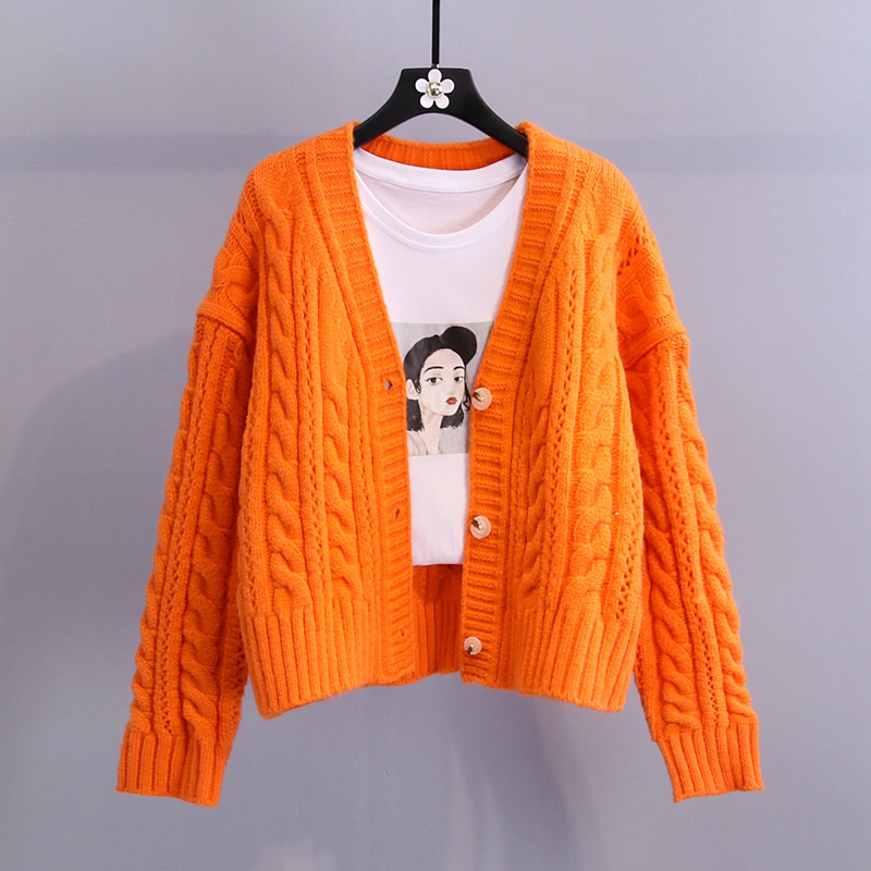 短款麻花毛衣开衫女2021秋装新款韩版针织上衣宽松粗毛线外套上衣