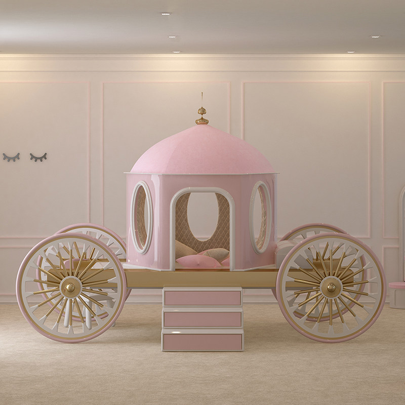 欧式宫廷风公主南瓜马车床女孩床实木儿童个性创意女孩房定制橡木