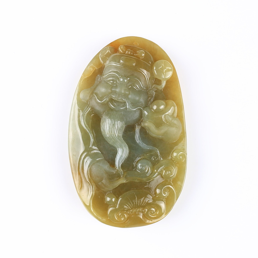 【四会直供】远东翡翠 冰糯种翡翠飘黄财神吊坠66.83g