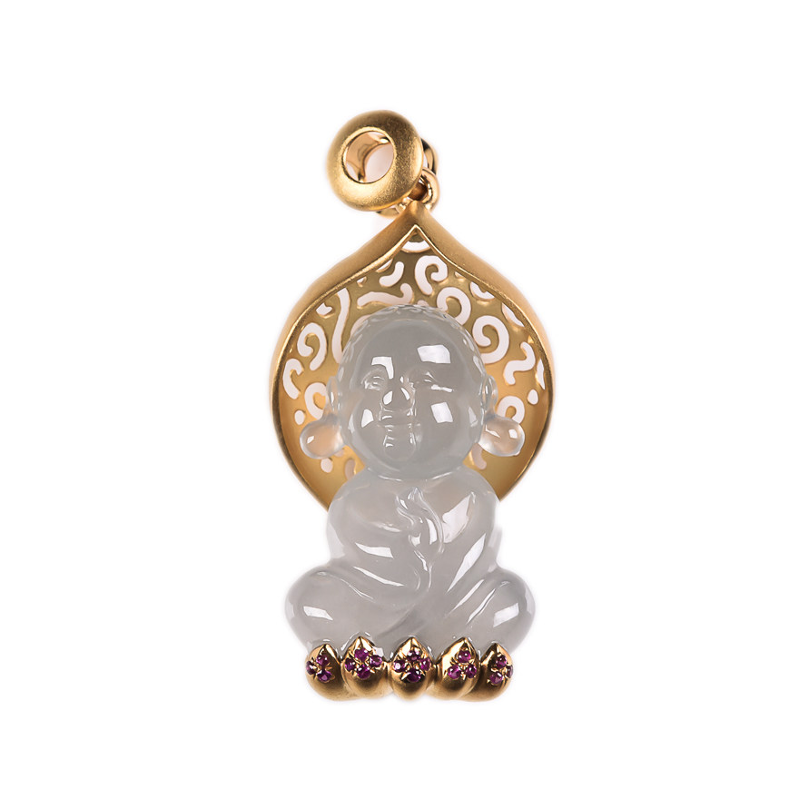 【源头好货-四会】天然a货翡翠18k金镶嵌宝宝佛吊坠7.06克