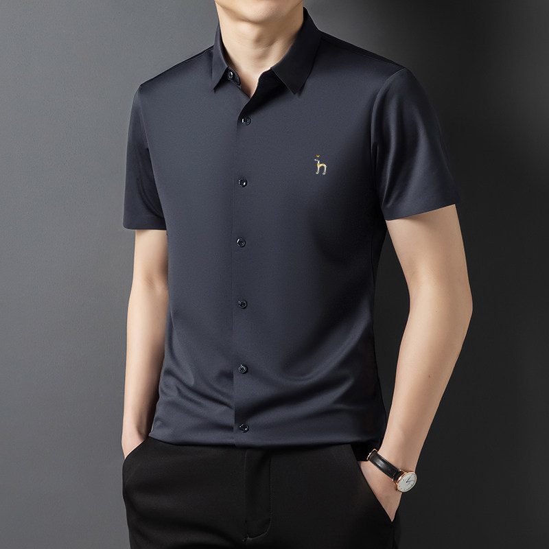 hazzys哈吉斯官方短袖衬衫男士夏季桑蚕丝简约休闲免烫冰丝衬衣薄