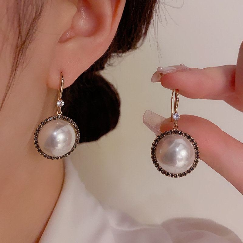 韩式轻奢独特设计枪色珍珠圆环耳钩女小众设计感高级气质复古耳环